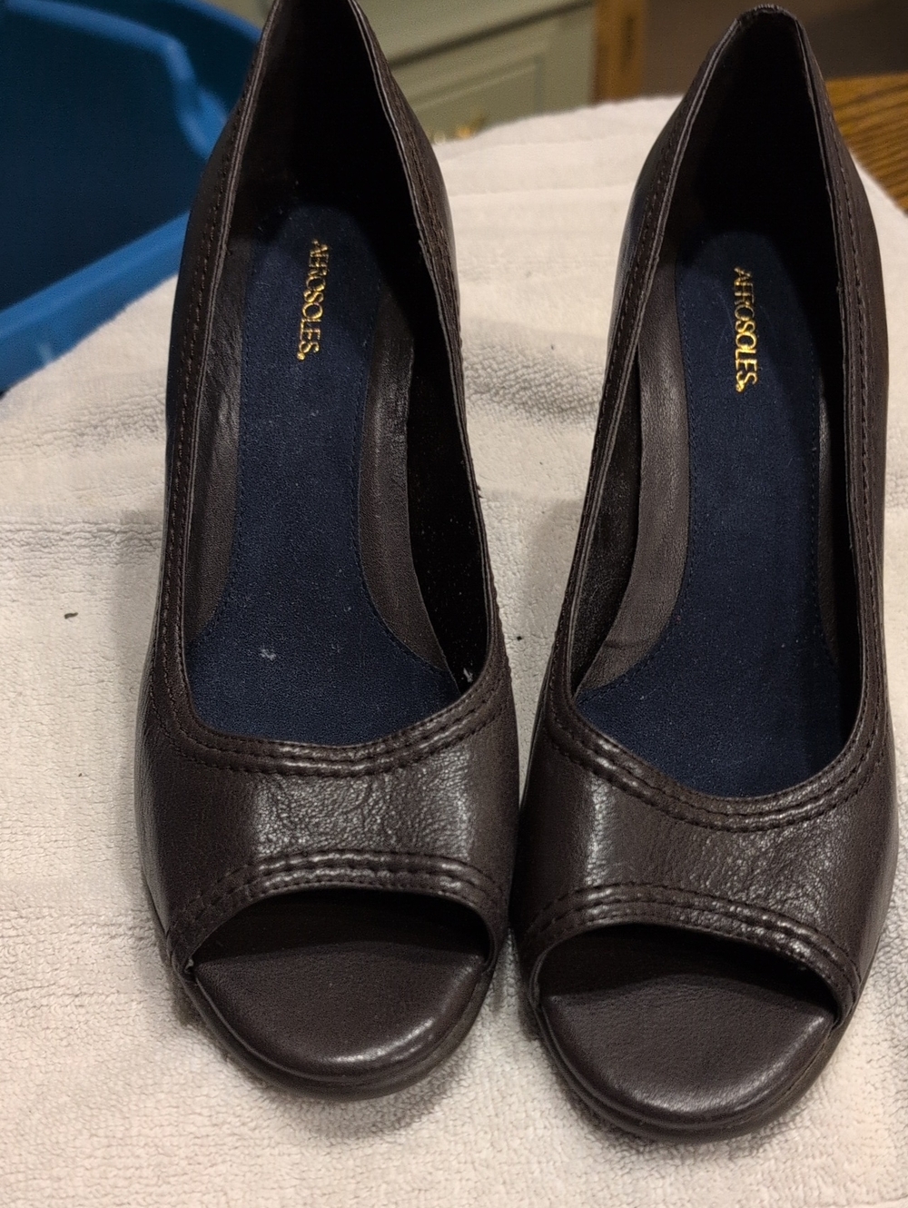 AEROSOLES Dark Brown Leather Peep-Toe Heels